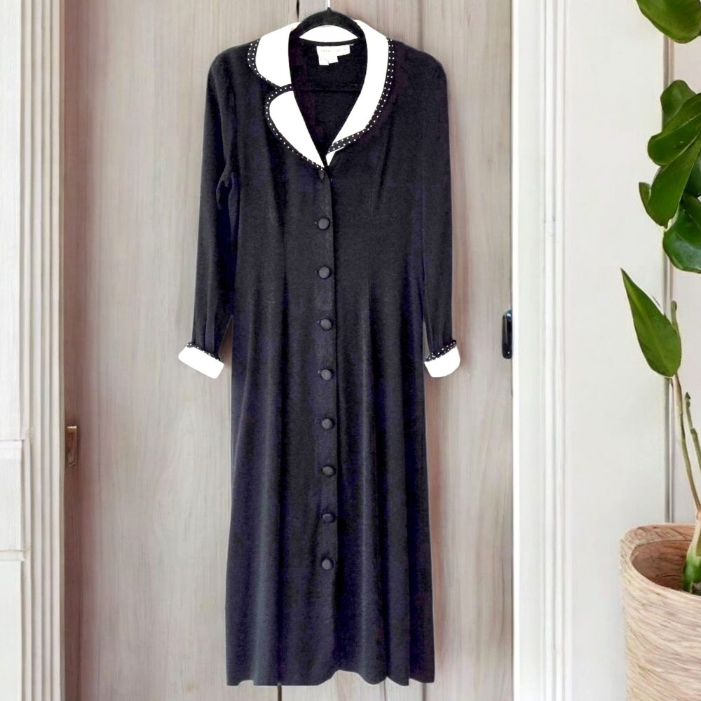 Jane Singer Black Maxi Jersey Dress Full Front Button Long Sleeve Vintage Sz M